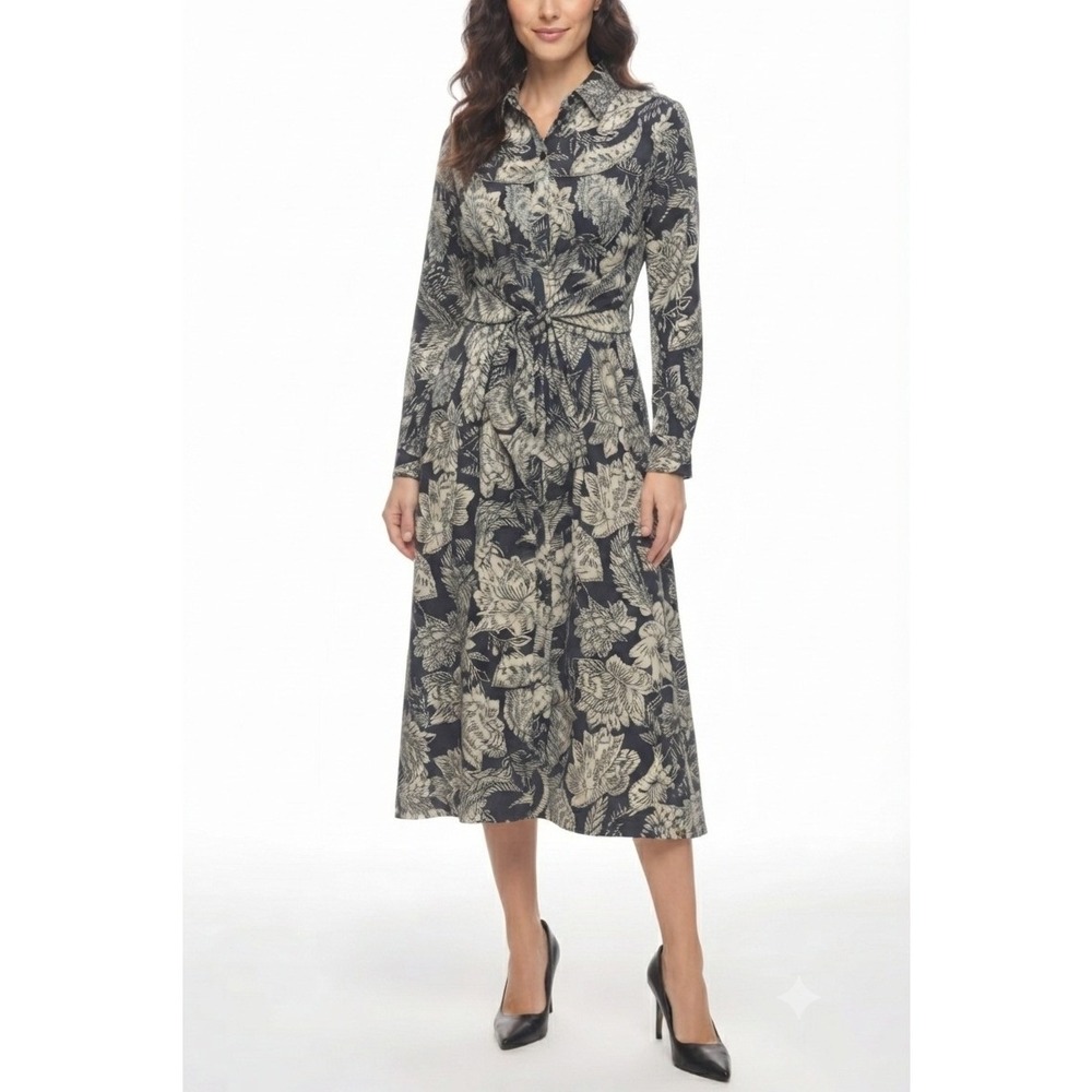 Shoshanna‎ Essie Midi Shirt Dress Jet/Ivory Women Size 8 Button Down Tie Waist